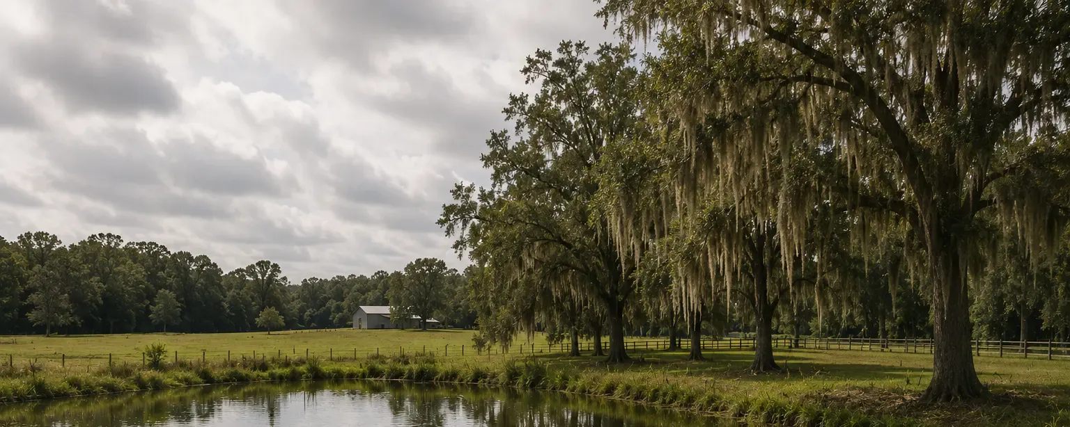 Cultivated farmland meeting a dense pine treeline in the Florida Panhandle