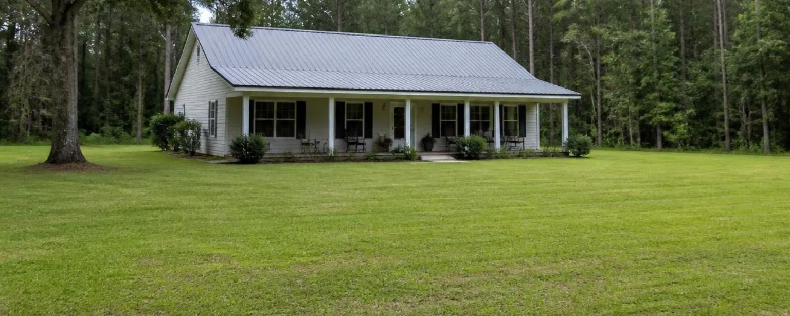 A white farmhouse with a metal roof and full-length front porch set back on a mowed acreage lot with pines behind