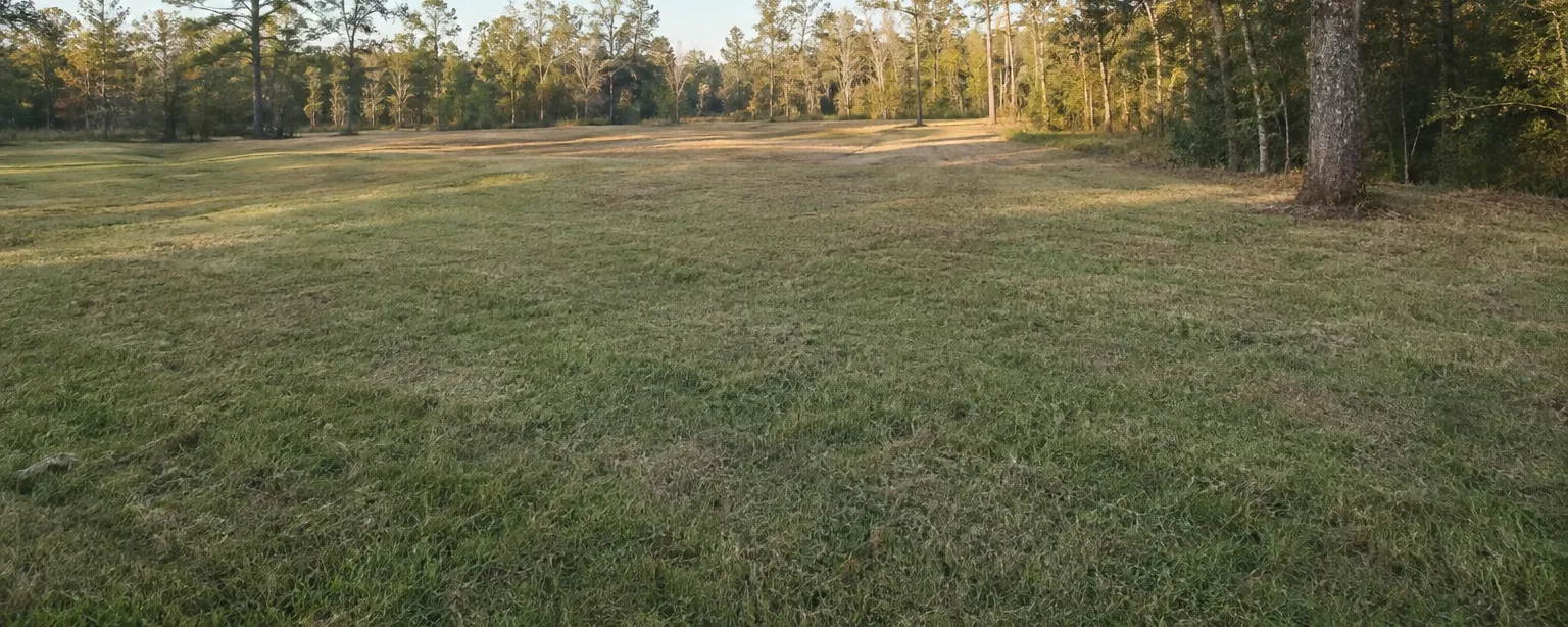 A cleared and mowed homesite tract opening out to a mixed pine and hardwood treeline in evening light