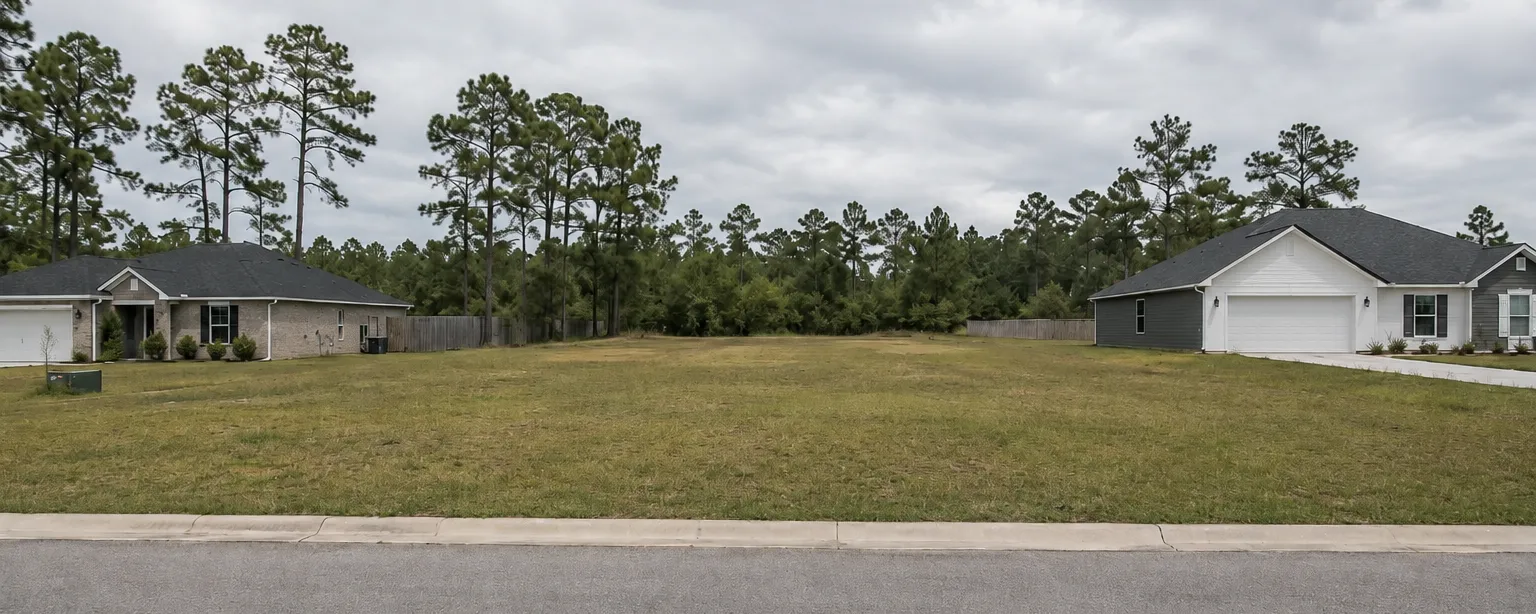 An empty grassy platted lot on a paved street with a finished house on either side and pine woods behind